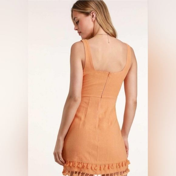 Lulus Women's Sz Medium Feel The Sun Shine Washed Orange Tassel Hem Dress - Picture 2 of 9
